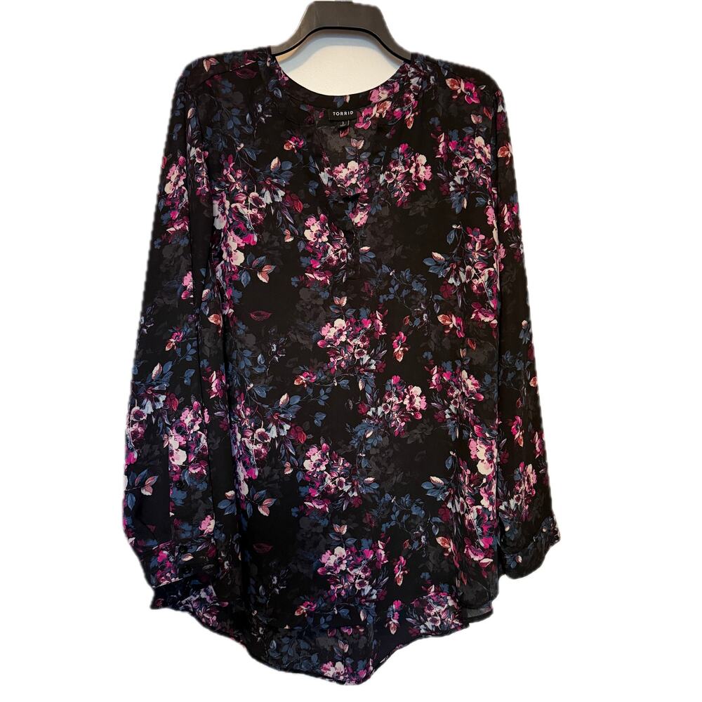 Torrid Floral Popover Blouse Black Pink Long Sleeve Semi Sheer 2X